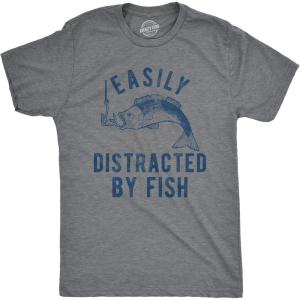 Mens Easily Distracted by Fish T Shirt Funny Fishermen Graphic Novelty Tee for Guys(Dark Heather Grey)
