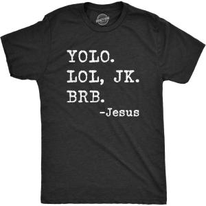 Mens Funny Jesus T Shirts Religious Tees with Funny Sayings Easter Tees for Guys(Heather Black – Yolo Lol Jk Brb)