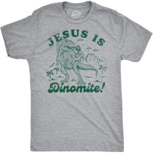 Mens Funny Jesus T Shirts Religious Tees with Funny Sayings Easter Tees for Guys(Light Heather Grey – Jesus is Dinomite)