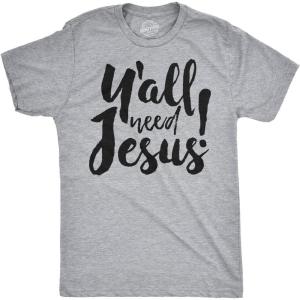 Mens Funny Jesus T Shirts Religious Tees with Funny Sayings Easter Tees for Guys(Light Heather Grey – Yall Need)