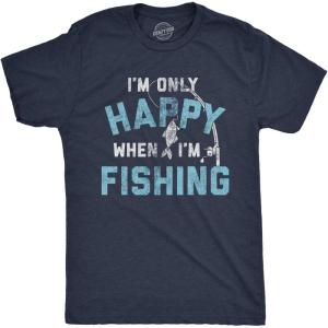 Mens I’m only Happy When I’m Fishing T Shirt Funny Fathers Day Outdoor Hobby Gift Tee(Heather Navy)