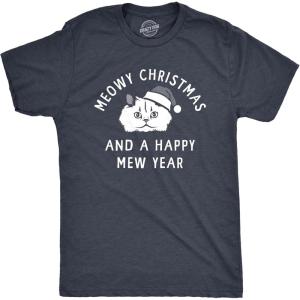Mens Meowy Christmas and A Happy Mew Year T Shirt Funny Xmas Kitten Lovers Tee for Guys(Heather Navy – Meowy)