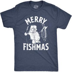 Mens Merry Fishmas T Shirt Funny Christmas Santa Claus Fishing Tee(Heather Navy)