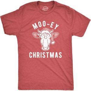 Mens Moo-ey Christmas T Shirt Funny Holiday Festive Cow Merry Xmas Graphic Tee(Heather Red)