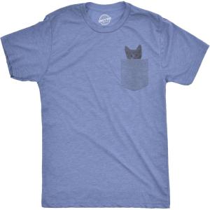 Mens Pocket Cat T Shirt Funny Printed Peeking Pet Kitten Animal Tee for Guys(Heather Light Blue)