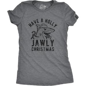 Womens Have A Holly Jawly Christmas T Shirt Funny Holiday Shark Graphic Tee(Dark Heather Grey)