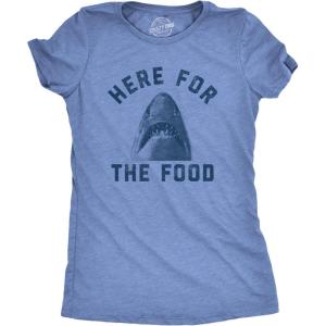 Womens Here for The Food T Shirt Funny Shark Novelty Great White Graphic Tee(Light Heather Blue)