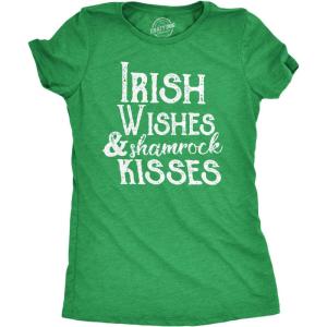 Womens Irish Wishes and Shamrock Kisses T Shirt Funny St Saint Patricks Day Tee(Heather Green)