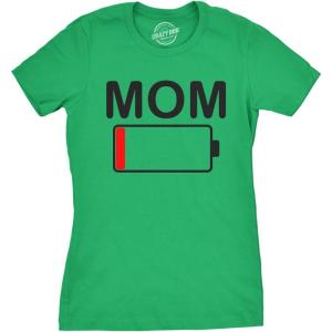 Womens Mom Battery Low Funny Sarcastic Graphic Tired Parenting Mother T Shirt(Green)