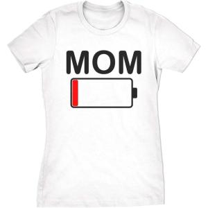 Womens Mom Battery Low Funny Sarcastic Graphic Tired Parenting Mother T Shirt(White)