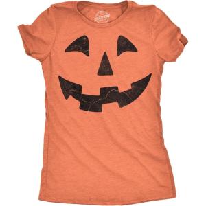 Womens Spooky and Funny Pumpkin Face Tees Halloween Jack O Lantern Tees for Womens(Orange – Block Teeth)