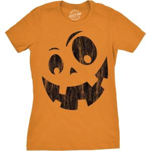 Womens Spooky and Funny Pumpkin Face Tees Halloween Jack O Lantern Tees for Womens(Orange – Silly)