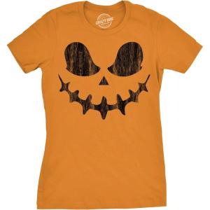 Womens Spooky and Funny Pumpkin Face Tees Halloween Jack O Lantern Tees for Womens(Orange – Skeletal)