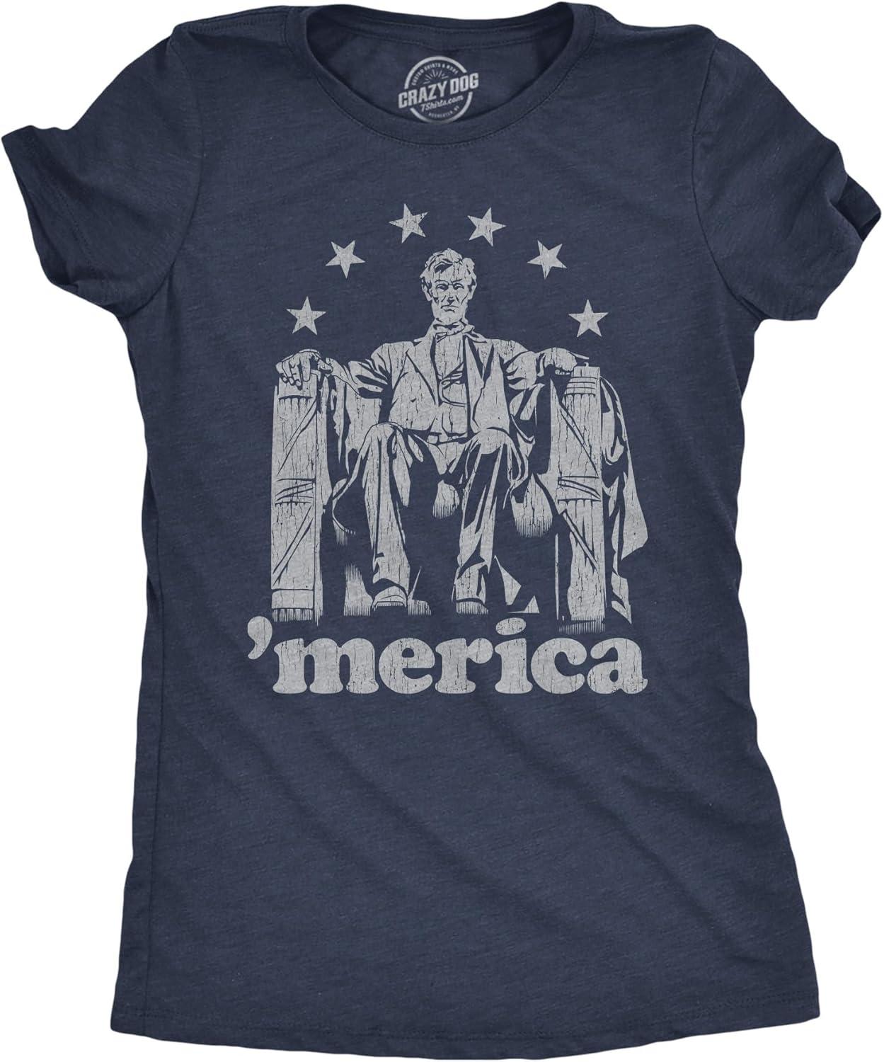 imageAbe Lincoln Merica T Shirt Funny 4th of July USA Patriotic Graphic Novelty TeeHeather Navy