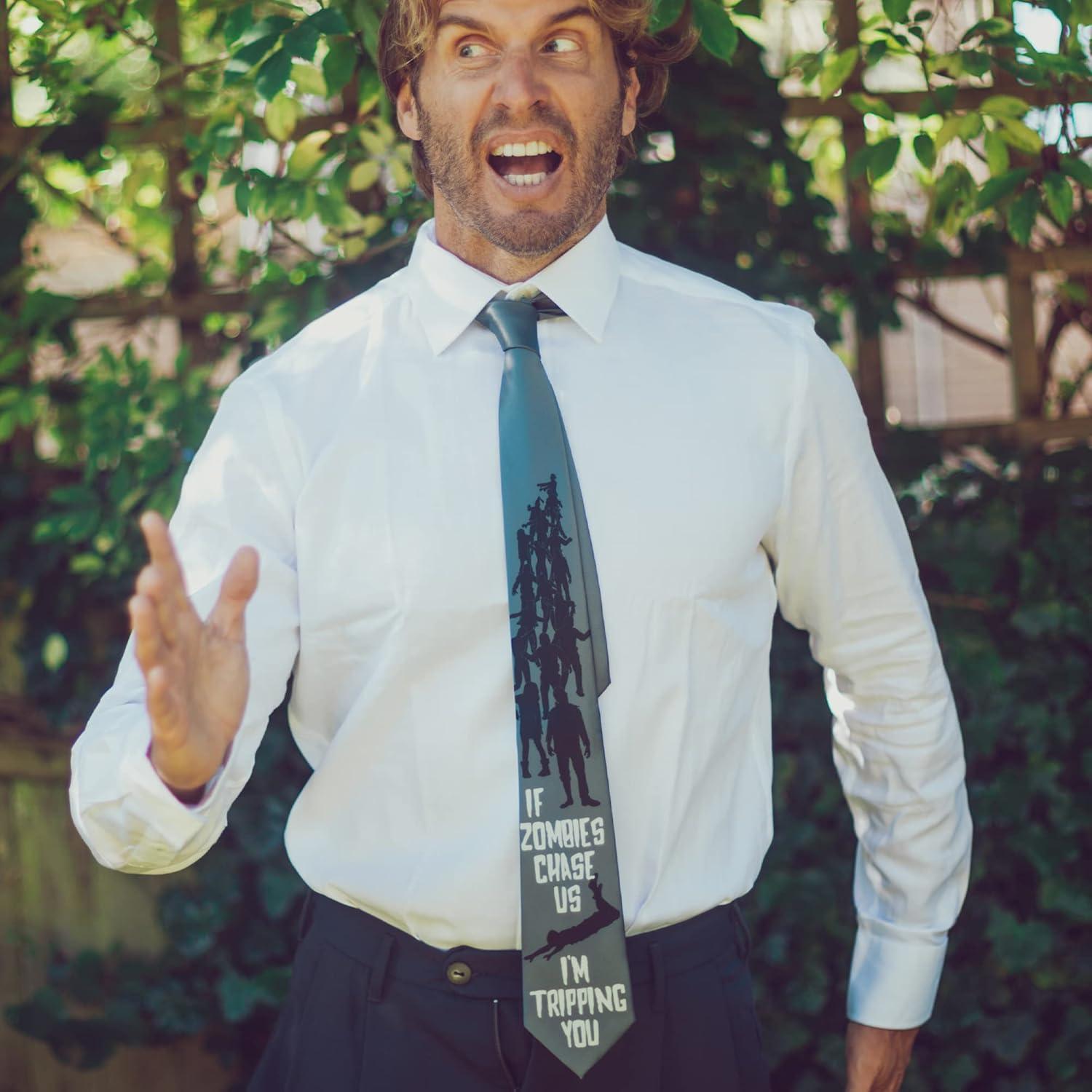 imageCrazy Dog TShirts Funny Zombie Tie for Men Halloween Costume Necktie If Zombies Chase Us Im Tripping You Joke Design Quirky Undead Novelty Gift for Zombie Fans and Halloween Parties