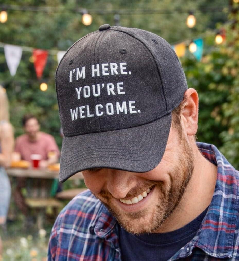 imageFunny Novelty Hats Sarcastic Graphic Caps for Men and Women with Funny SayingsHeather Black Im Here