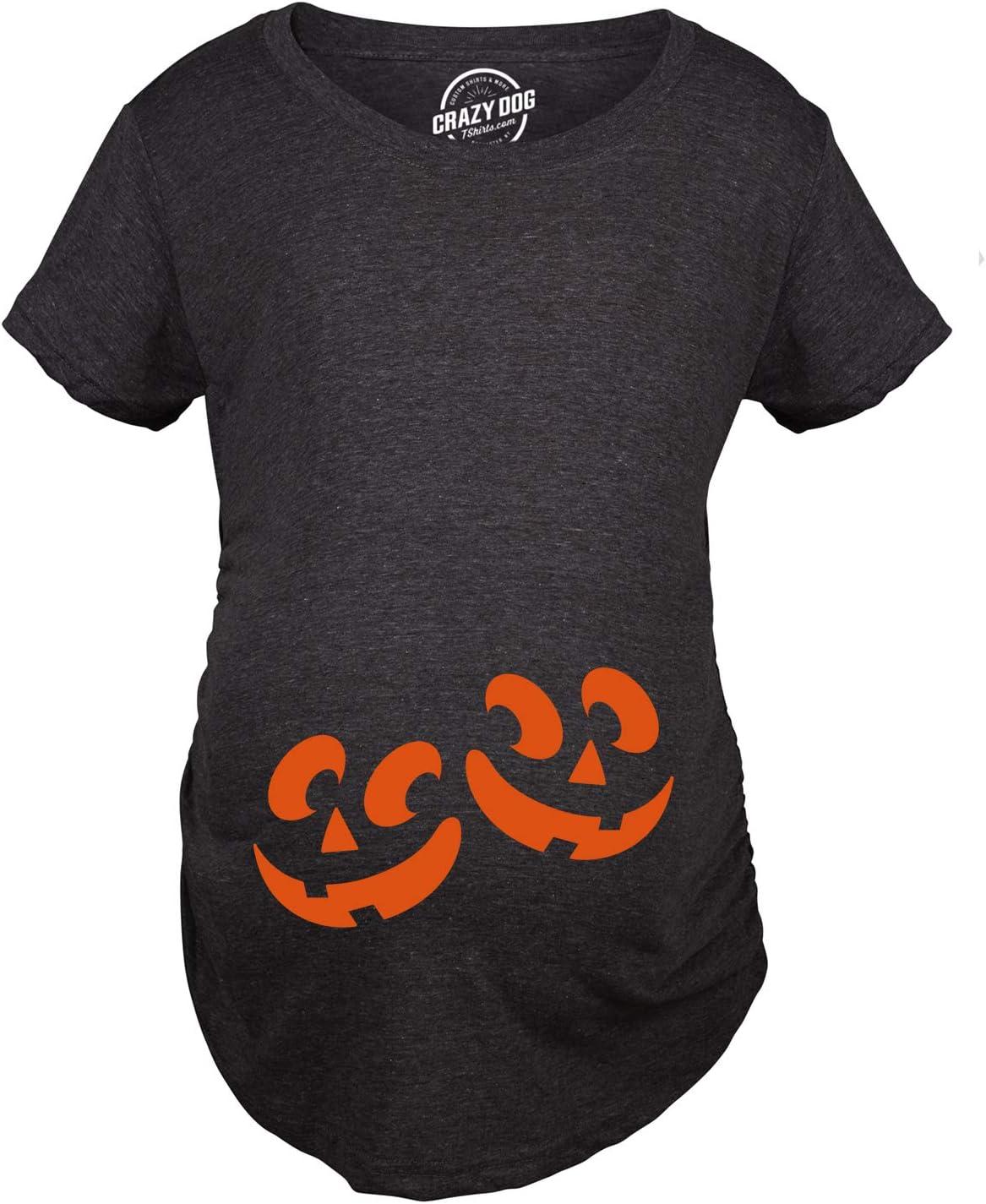 imageMaternity Twin Pumpkin Faces T Shirt Cute Halloween JackOLantern Pregnancy TeeHeather Black