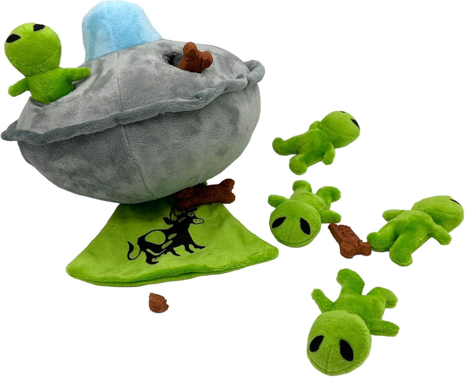 imageUFO and Aliens Dog Toy Funny Flying Saucer Stuffed Chew Toy with Hidden Treat Holes and Removable Aliens Rip and Reveal Interactive ChewUFO