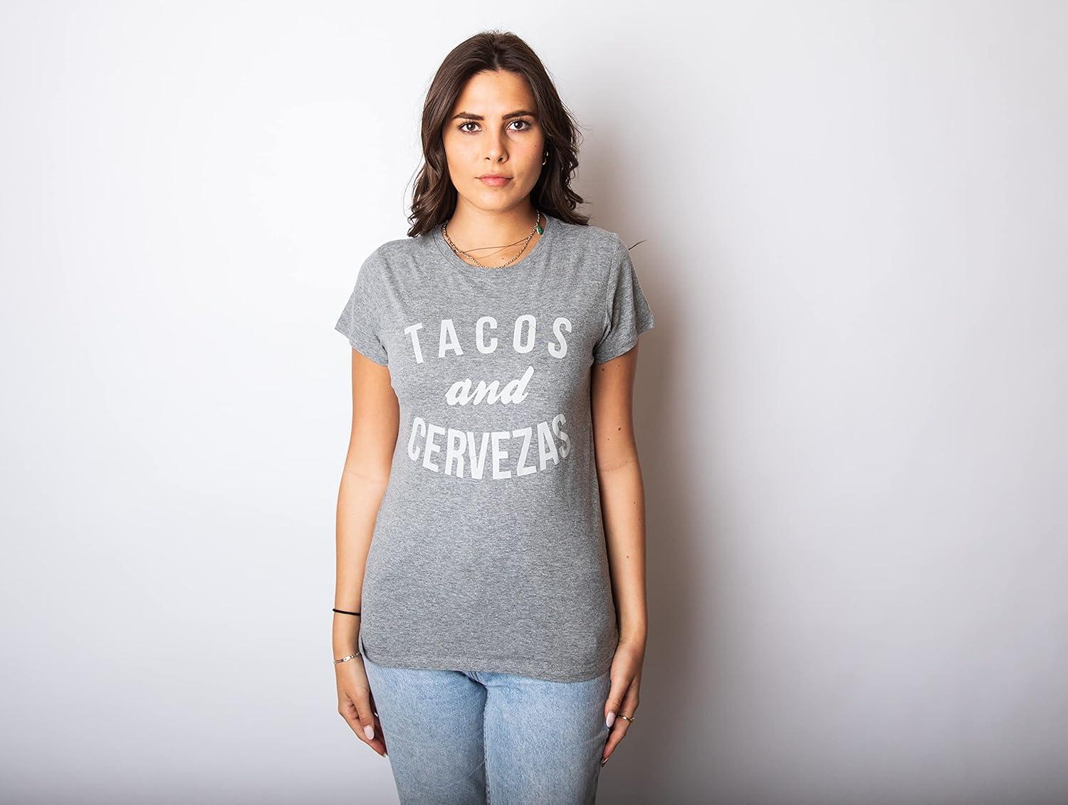 imageWomens Tacos Shirts Funny Mexican Tees with Tacos and Cervezas Cool Vintage Graphic Tees with Cute SayingsHeather Navy Tacos Cervezas