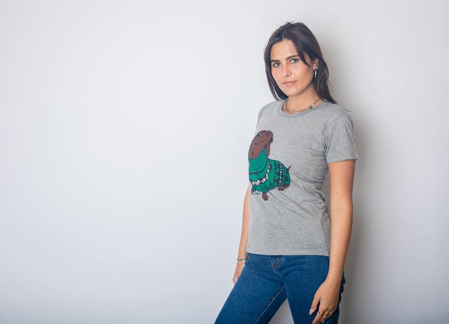 imageWomens Wiener Dog Ugly Christmas Sweater T Shirt Dachshund Pet Owner Mom TeeDark Heather Grey