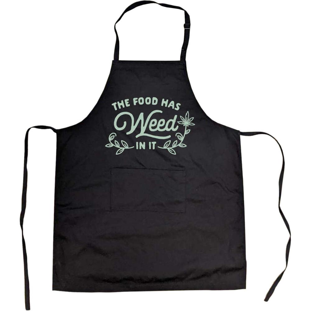imageCrazy Dog TShirts Funny Cooking Apron The Food Has Weed In It Black Smock with Front Pocket and Adjustable Straps