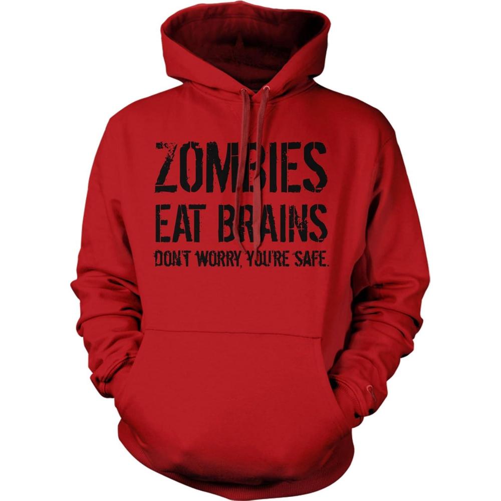imageCrazy Dog Unisex Zombies Eat Brains Dont Worry Youre Safe Funny Halloween HoodieHeather Red