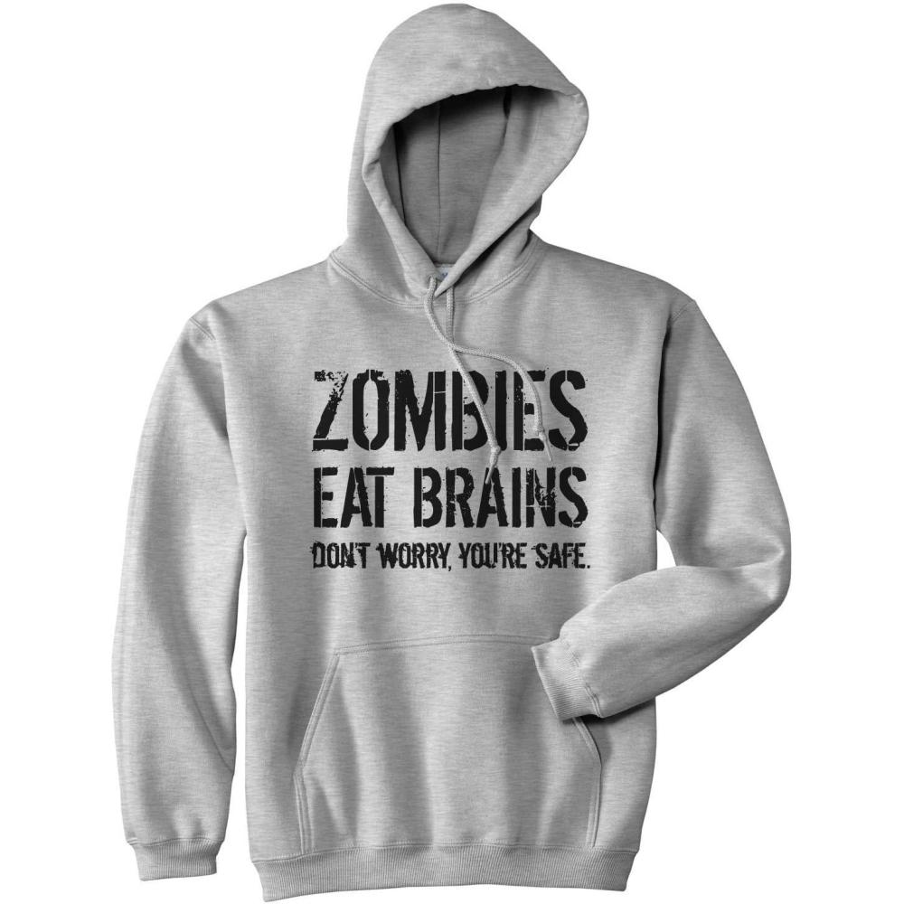 imageCrazy Dog Unisex Zombies Eat Brains Dont Worry Youre Safe Funny Halloween HoodieLight Heather Grey