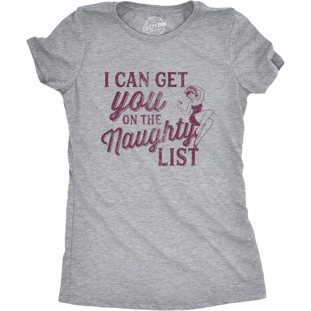 imageCrazy Dog Womens T Shirts Funny Sarcastic Humor Christmas Tees for Holiday PartiesLight Heather Grey on the Naughty