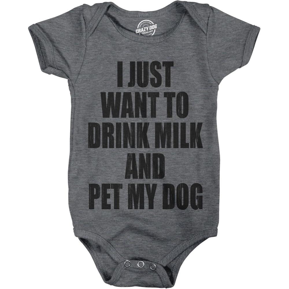 imageCreeper I Just Want To Drink Milk And Pet My Dog Funny Newborn Baby Shirt CoolDark Heather Grey