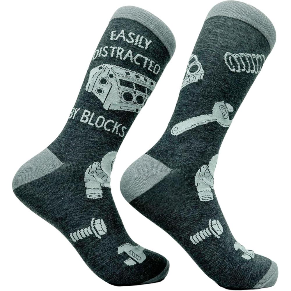 imageFunny Car Guy Crew Socks for Men Easily Distracted by Blocks Print Auto Mechanic amp Engine Lover Gift Cozy Cotton Garage Workwear Novelty Automotive Socks for Racing amp Repair Enthusiasts