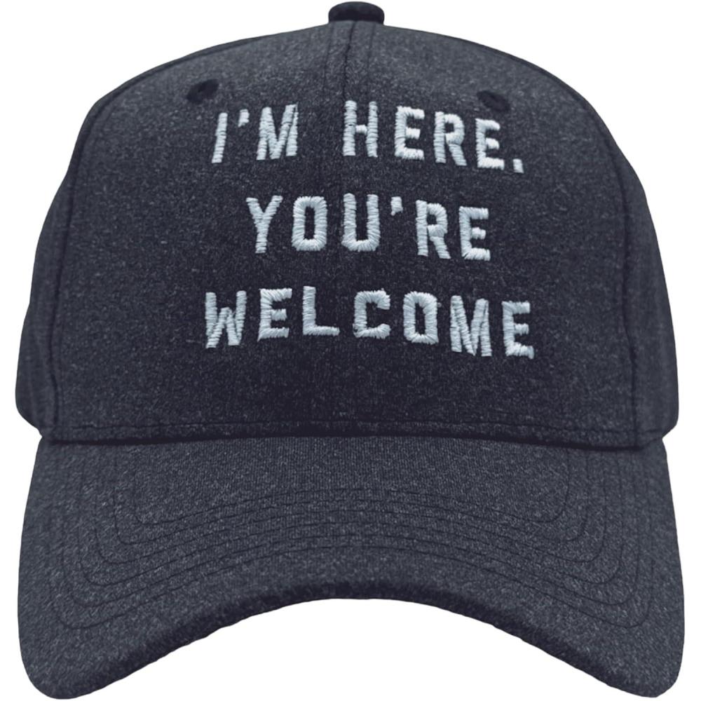 imageFunny Novelty Hats Sarcastic Graphic Caps for Men and Women with Funny SayingsHeather Black Im Here