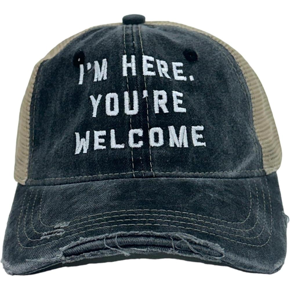 imageFunny Novelty Hats Sarcastic Graphic Caps for Men and Women with Funny SayingsTrucker Black Im Here