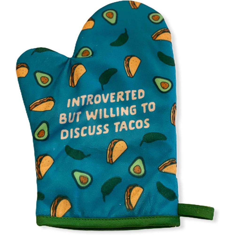 imageFunny Taco Oven Mitt Introverted but Willing to Discuss Tacos Design Durable Cotton Blend with Heat Protection Novelty Mexican Food Kitchen Glove for Cooking and Taco LoversDiscuss Tacos