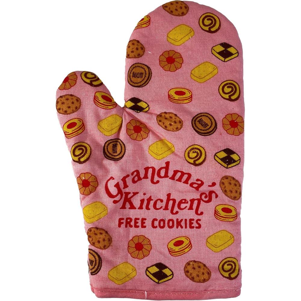 imageGrandmas Kitchen Free Cookies Oven Mitt Funny Grandmother Gift Baking Kitchen Glove Funny Graphic Kitchenwear Cool Grandma Novelty Cookware Pink Oven MittOven Mitt