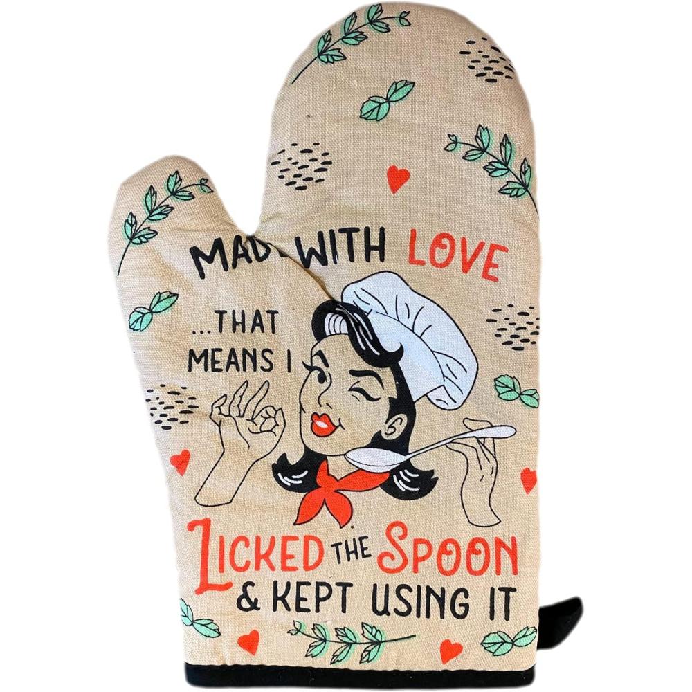 imageMade with Love That Means I Licked The Spoon and Kept Using It Oven Mitt Funny Graphic Kitchenwear Cool Food Novelty Cookware Multi Oven MittOven Mitt