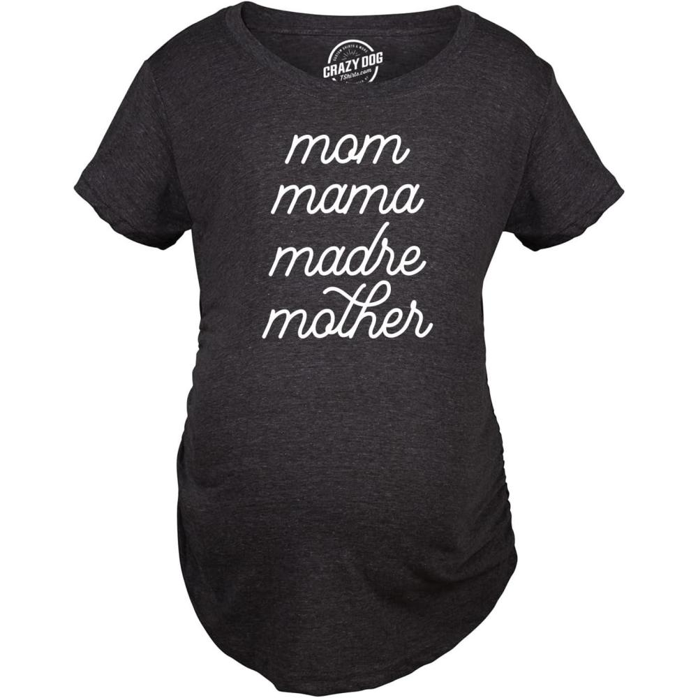 imageMaternity Mom Mama Madre Mother T Shirt Cute Mothers Day Different Moms Spellings Novelty Graphic Tee for Mother to BeHeather Black