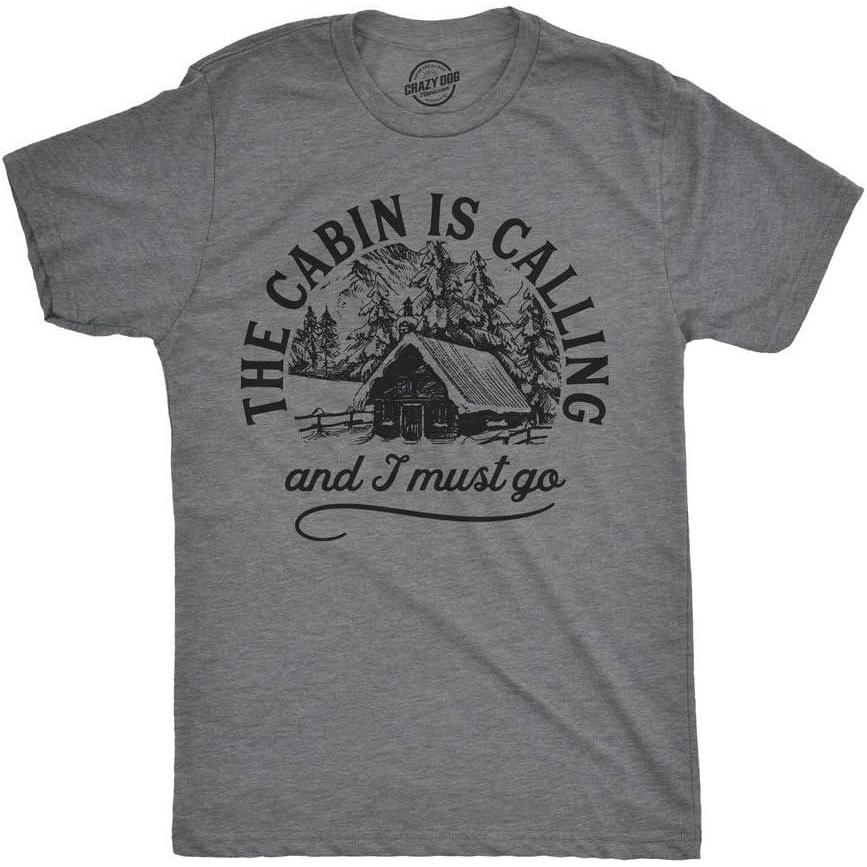imageMens Camping T Shirts Funny Camp Tees for Guys Cool Shirts for Outdoor CampingDark Heather Grey Cabin Calling