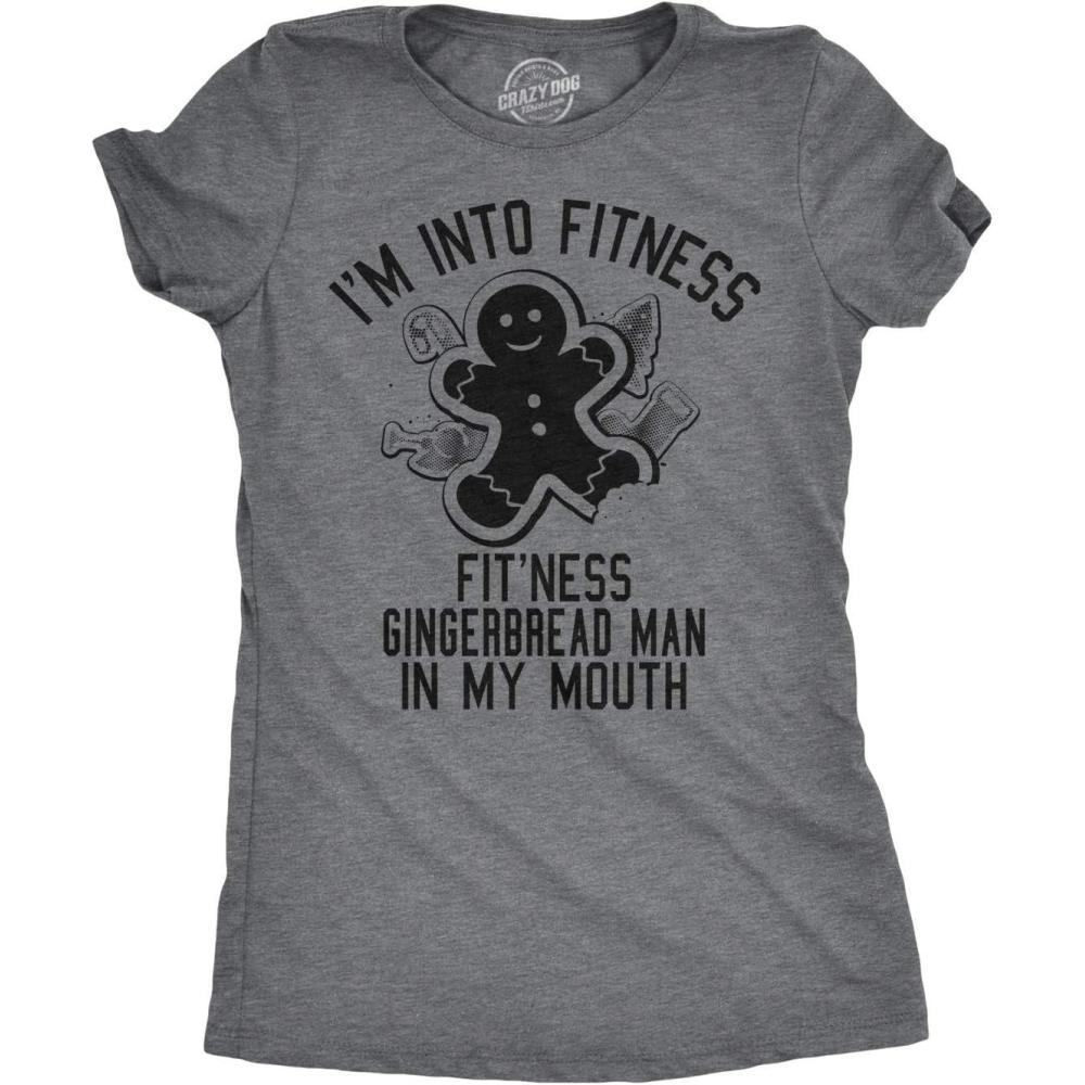 imageWomens Fitness Gingerbread in My Mouth T Shirt Funny Christmas Xmas Gift for HerDark Heather Grey