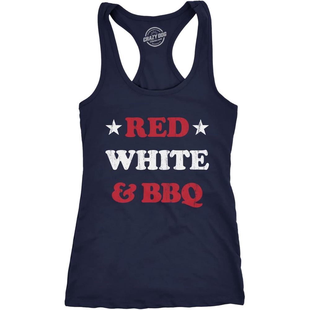 imageWomens Red White and BBQ Fitness Tank Funny Patriotic Barbecue Text Shirt for LadiesNavy