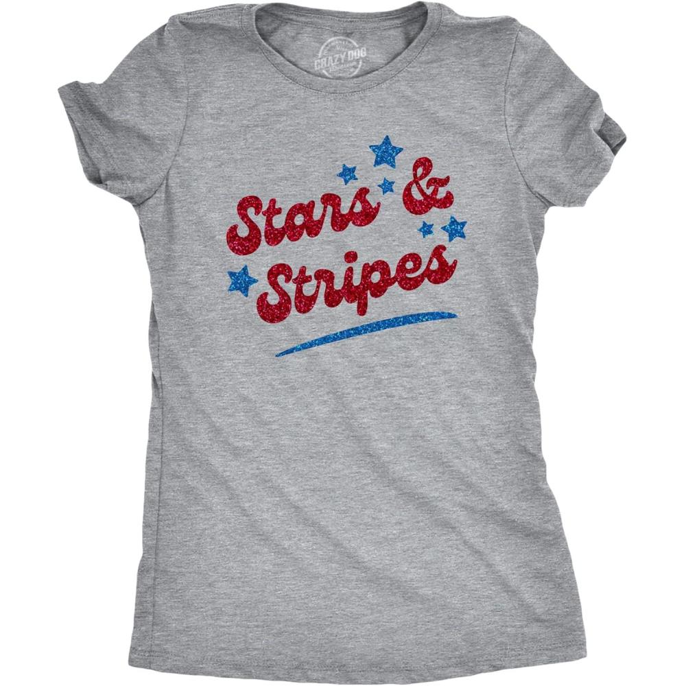 imageWomens Stars and Stripes Glitter T Shirt Funny Cool Fourth of July Party Patriotic Tee for LadiesLight Heather Grey