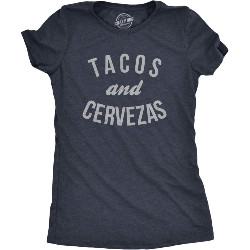 imageWomens Tacos Shirts Funny Mexican Tees with Tacos and Cervezas Cool Vintage Graphic Tees with Cute SayingsHeather Navy Tacos Cervezas