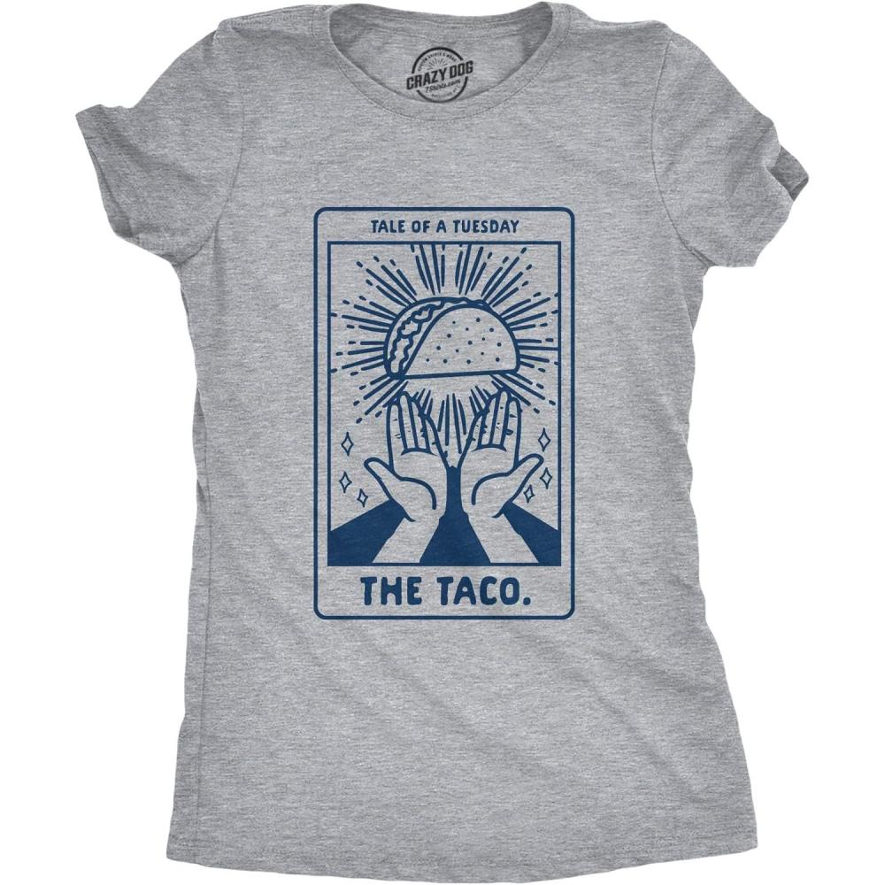 imageWomens Tacos Shirts Funny Mexican Tees with Tacos and Cervezas Cool Vintage Graphic Tees with Cute SayingsLight Heather Grey Taco Tarot
