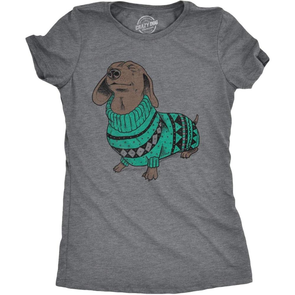 imageWomens Wiener Dog Ugly Christmas Sweater T Shirt Dachshund Pet Owner Mom TeeDark Heather Grey