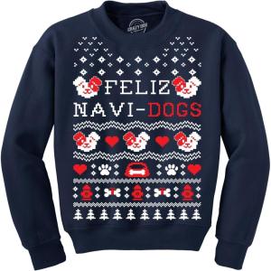 Crazy Dog T-Shirts Crew Neck Sweatshirt Feliz Navi Dogs Funny Holiday Christmas Ugly Sweater Animal Lover(Navy)