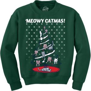 Crazy Dog T-Shirts Meowy Catmas Funny Christmas Cat Shirt Novelty Holiday Sweatshirt Graphic Cool(Forest Green)