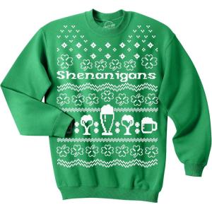 Crazy Dog T-Shirts Shenanigans Ugly Christmas Sweatshirt Funny Drinking Cool Irish Clover Shirt(Green)