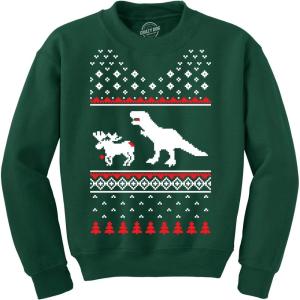 Crazy Dog T-Shirts T-Rex Attacking Moose Christmas Ugly Sweater Funny Holiday Hilarious Adult Humor(Forest Green)