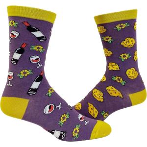 Crazy Dog T-Shirts Womens Cute Mismatched Socks With Funny Graphics for Ladies(Wine and Cheese)