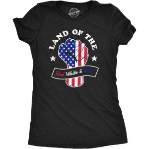 Crazy Dog T-Shirts Womens Land of The Red White and Blue T Shirt Awesome Fourth of July Patriotic Fist Graphic Tee for Ladies(Heather Black)