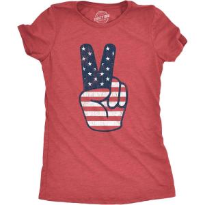 Crazy Dog T-Shirts Womens Peace Sign American Flag Tshirt 4th of July USA Patriotic Party Graphic Tee(Heather Red)